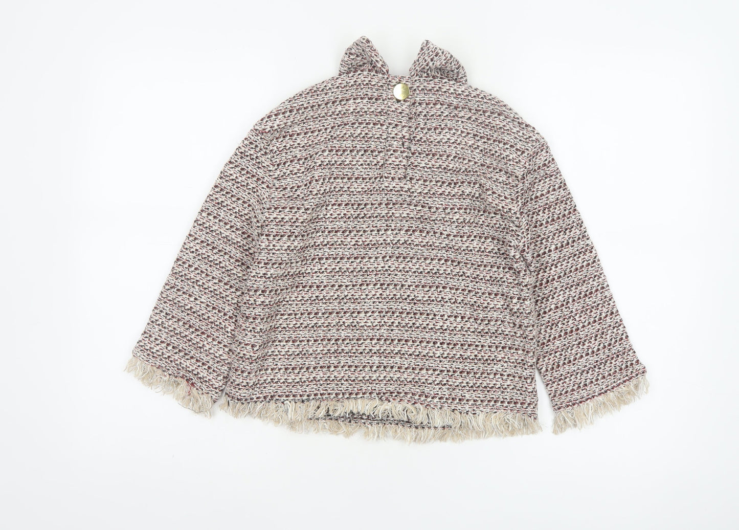 Zara Women Multicoloured XS Tweed Fringe Collared Long Sleeve Blouse