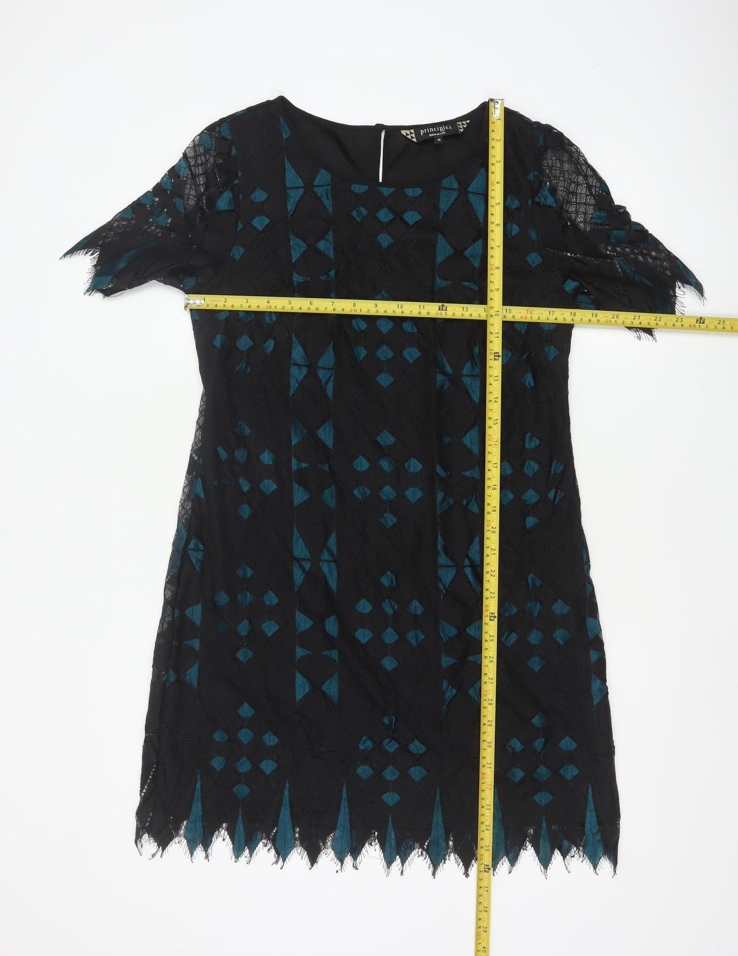 Principles Ben de Lisi Women Black Teal UK 14 Lace Shift Party Dress