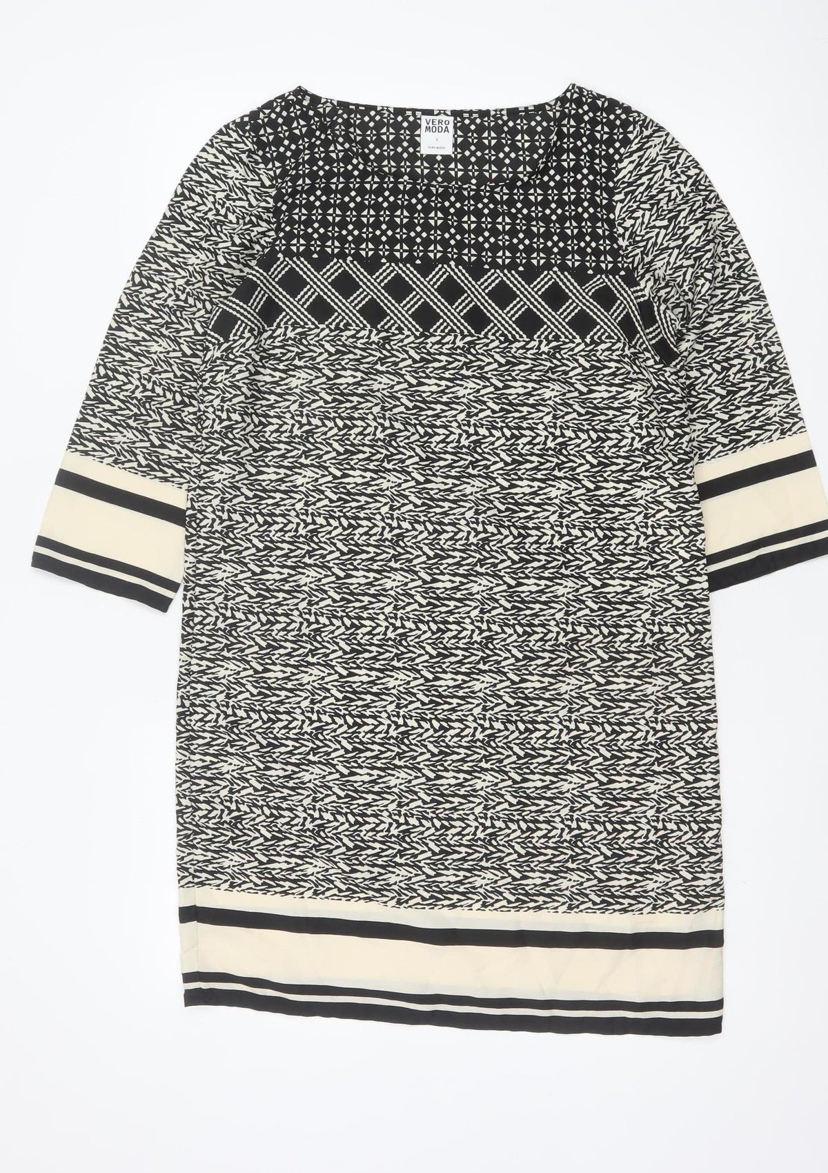 Vero Moda Women Black Ivory Geometric Shift Dress Size S Long Sleeve