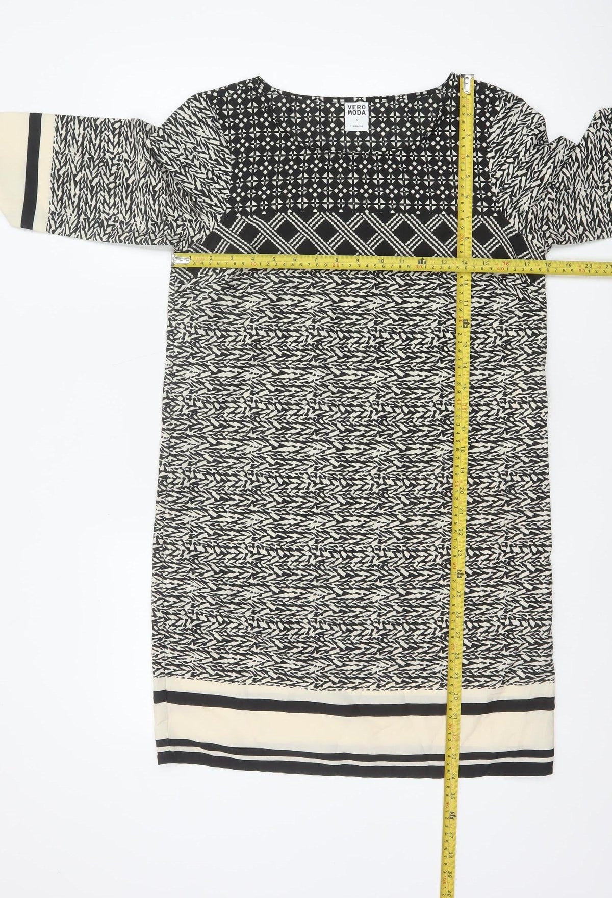Vero Moda Women Black Ivory Geometric Shift Dress Size S Long Sleeve