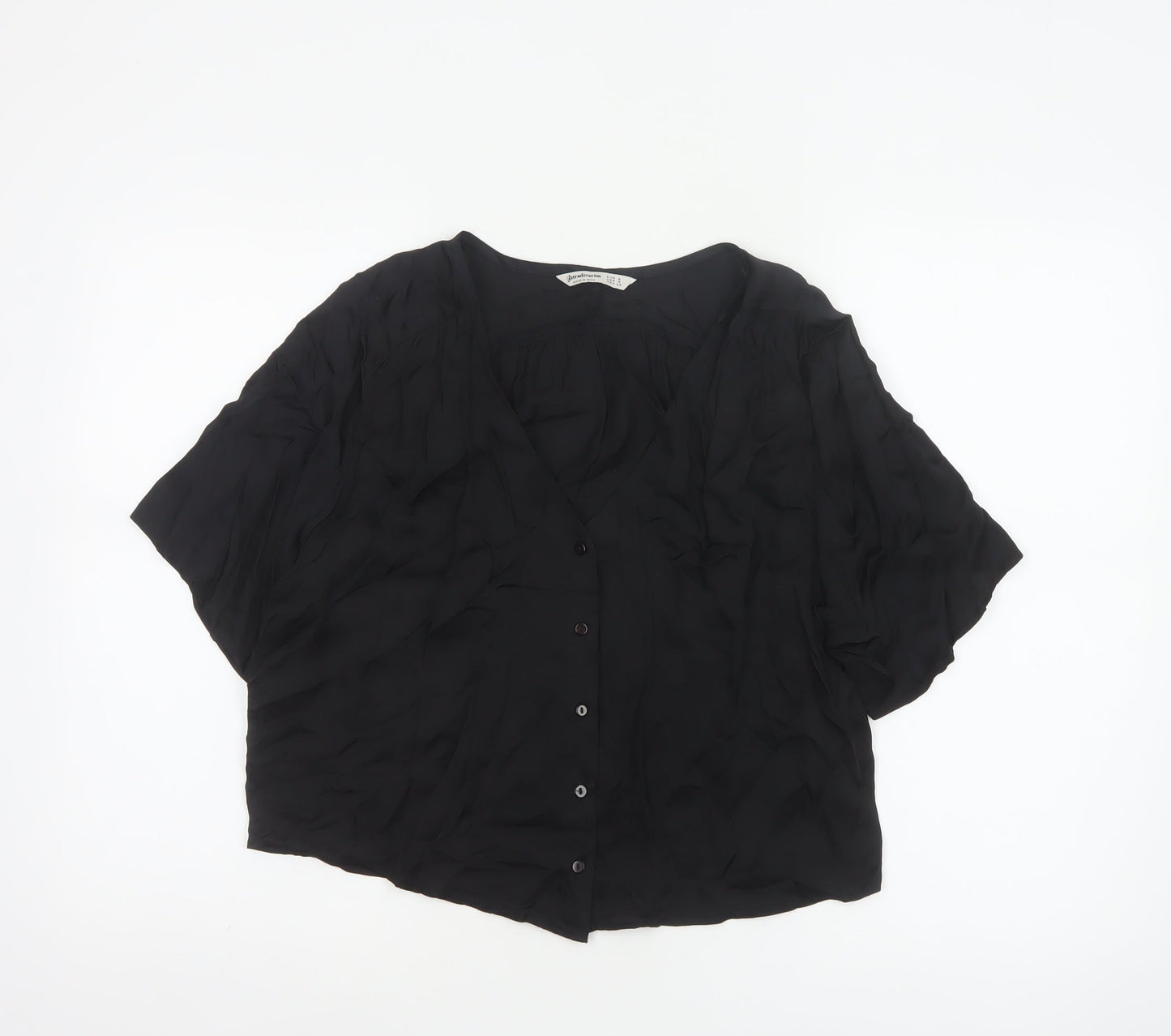 Stradivarius Women Black S V-Neck Short Sleeve Button-Up Blouse