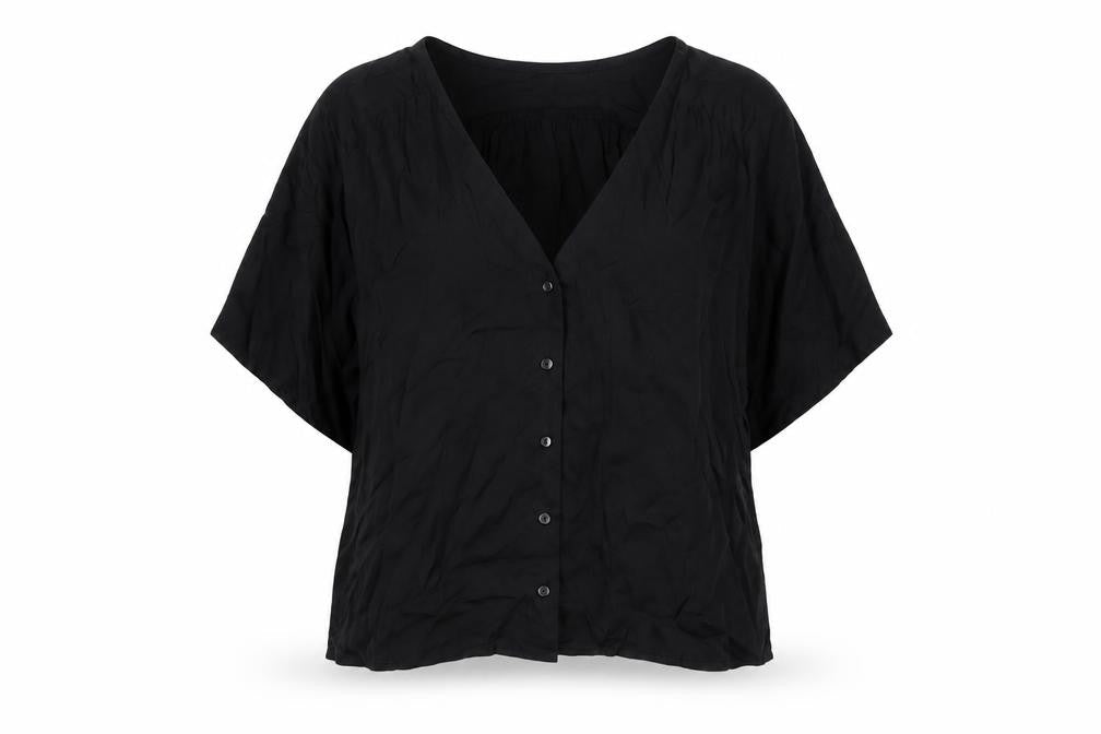 Stradivarius Women Black S V-Neck Short Sleeve Button-Up Blouse