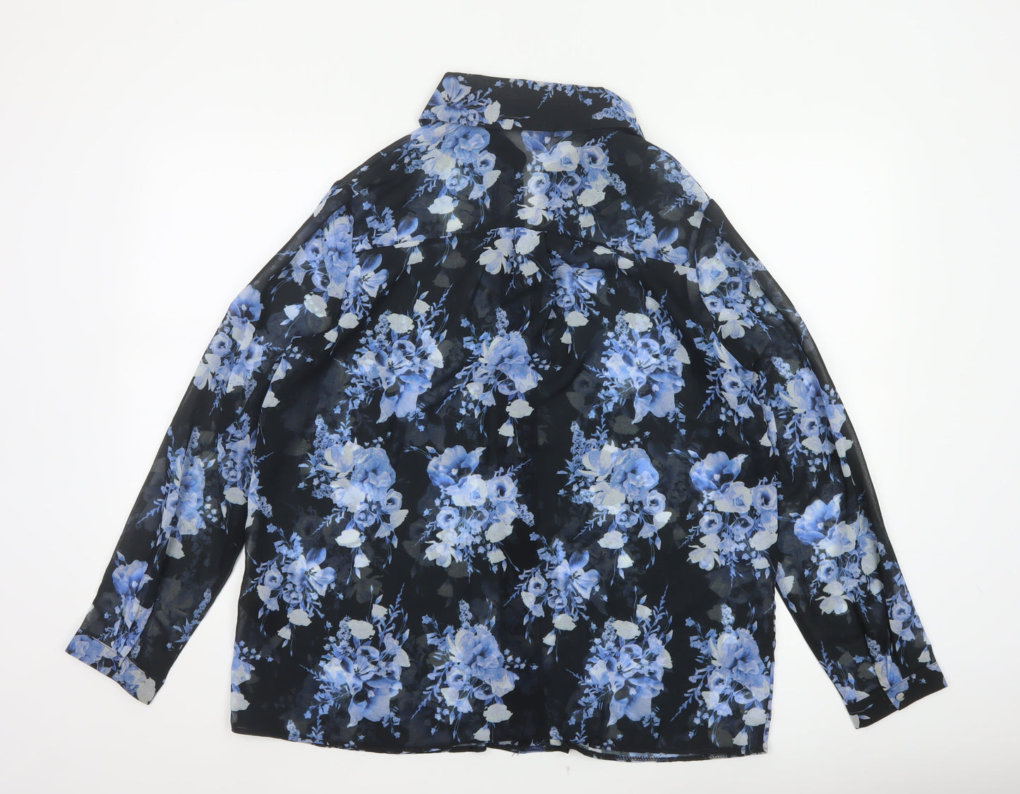 Lipsy London Women’s Black Blue Floral Chiffon Button-Up Blouse UK 14