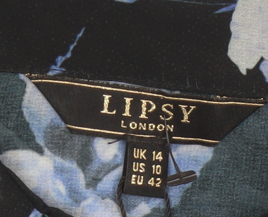 Lipsy London Women’s Black Blue Floral Chiffon Button-Up Blouse UK 14