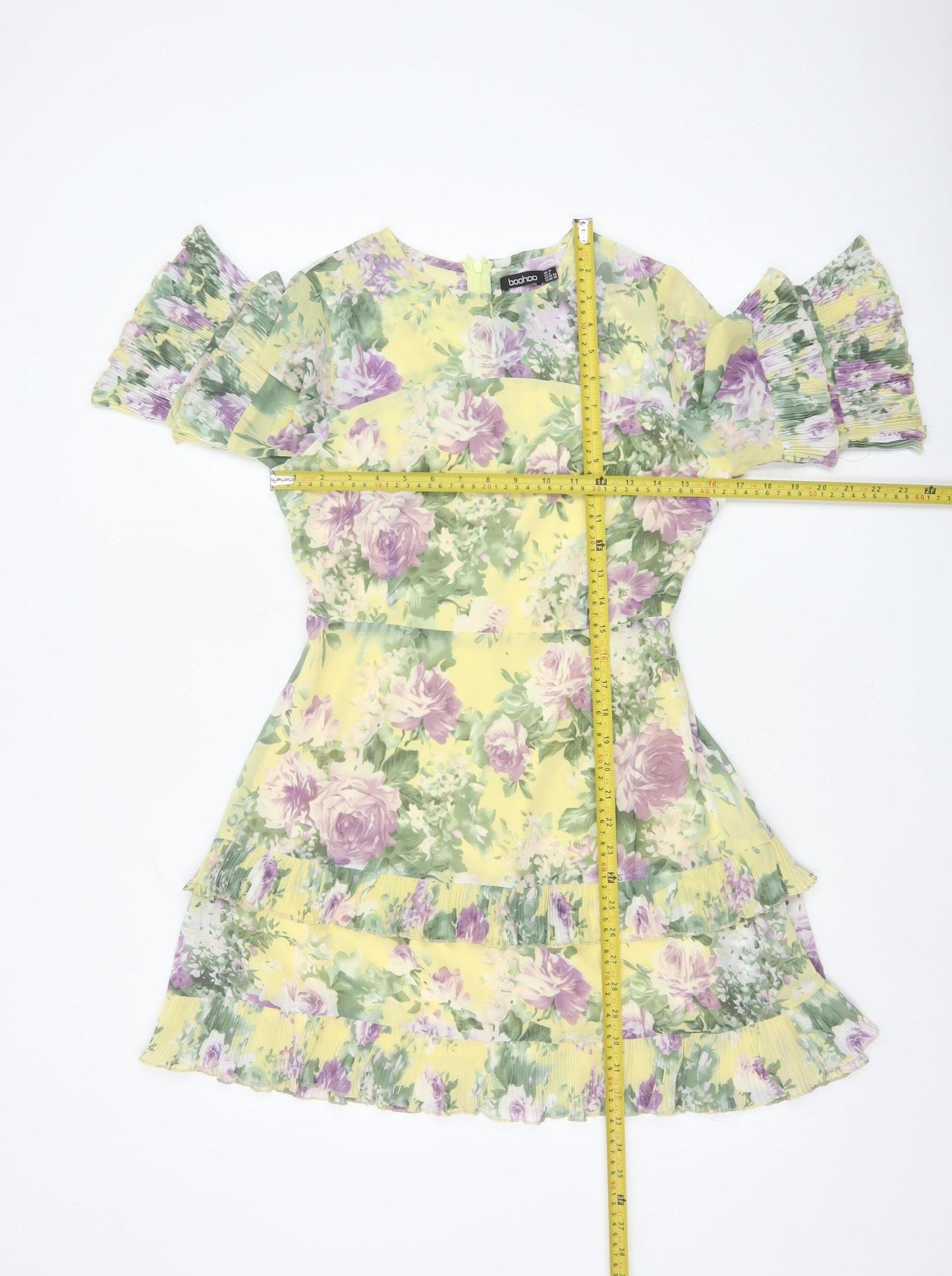 Boohoo Women Yellow Floral UK 10 Fit & Flare Chiffon Ruffle Dress