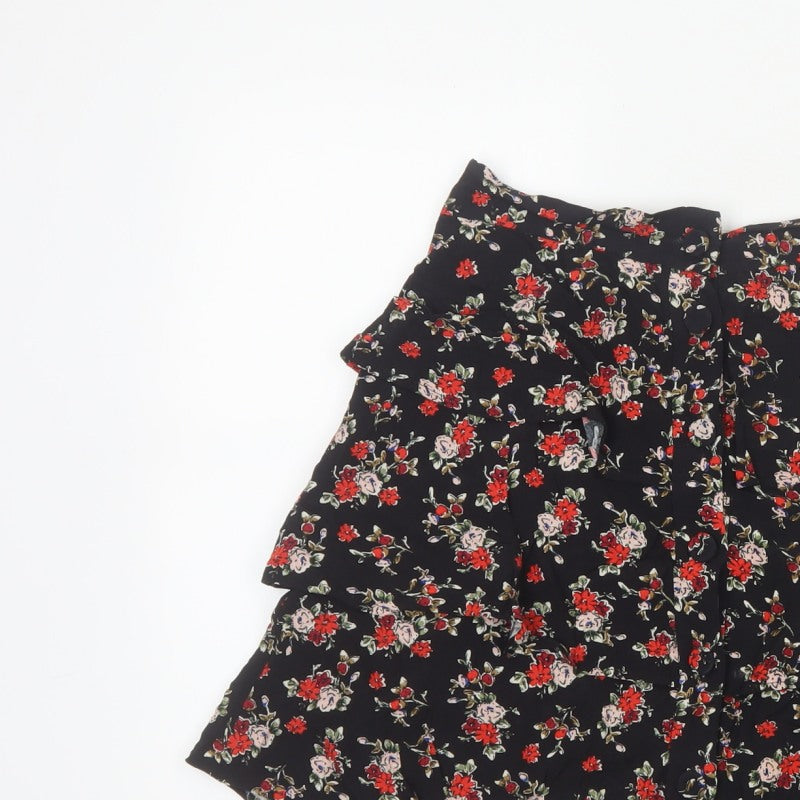 Zara Women Black Size 8 Floral Tiered Ruffle Skater Mini Skirt