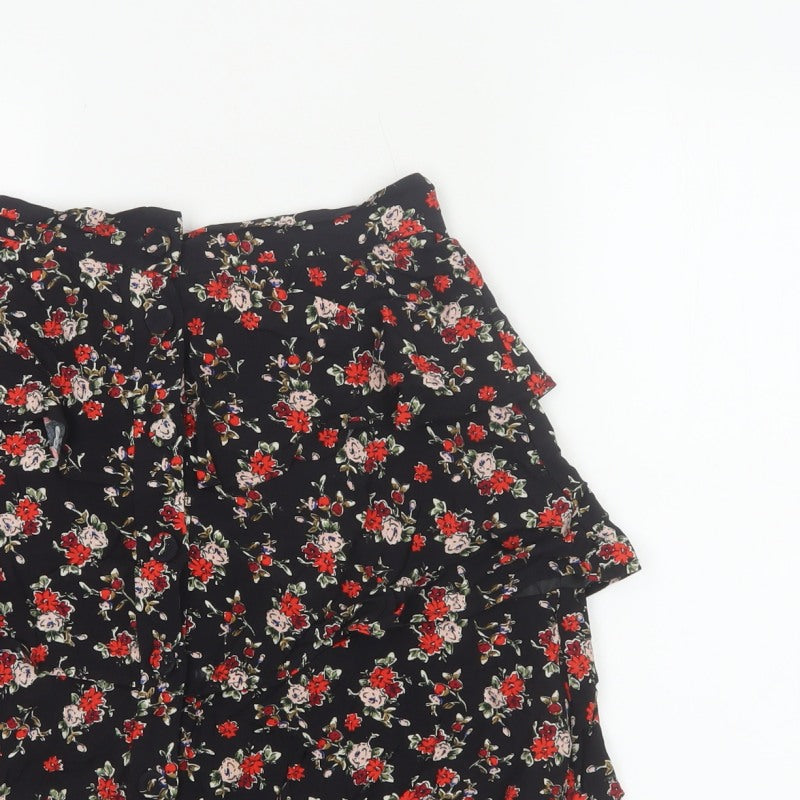 Zara Women Black Size 8 Floral Tiered Ruffle Skater Mini Skirt