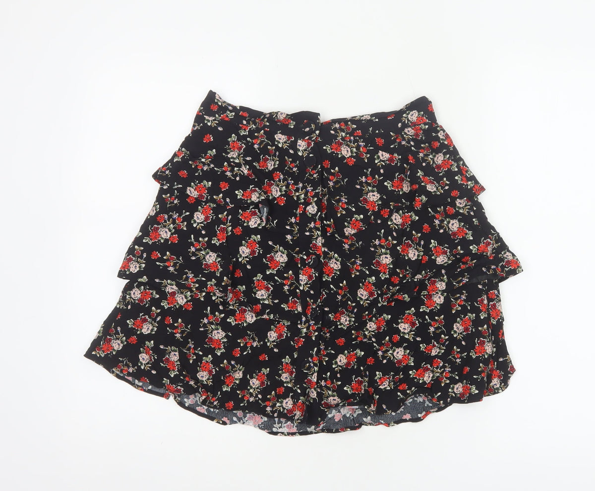 Zara Women Black Size 8 Floral Tiered Ruffle Skater Mini Skirt