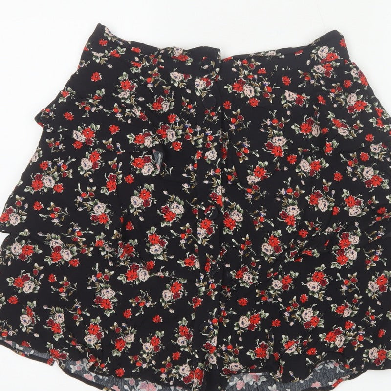 Zara Women Black Size 8 Floral Tiered Ruffle Skater Mini Skirt