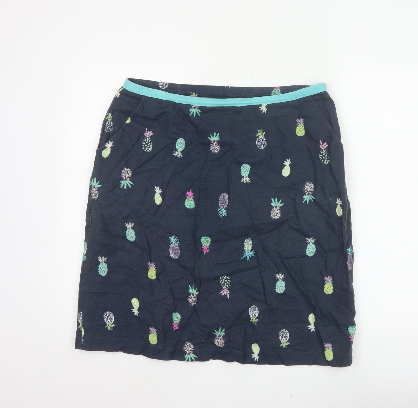 Laura Ashley Women Black Pineapple Print Linen Mini Straight Skirt UK 14