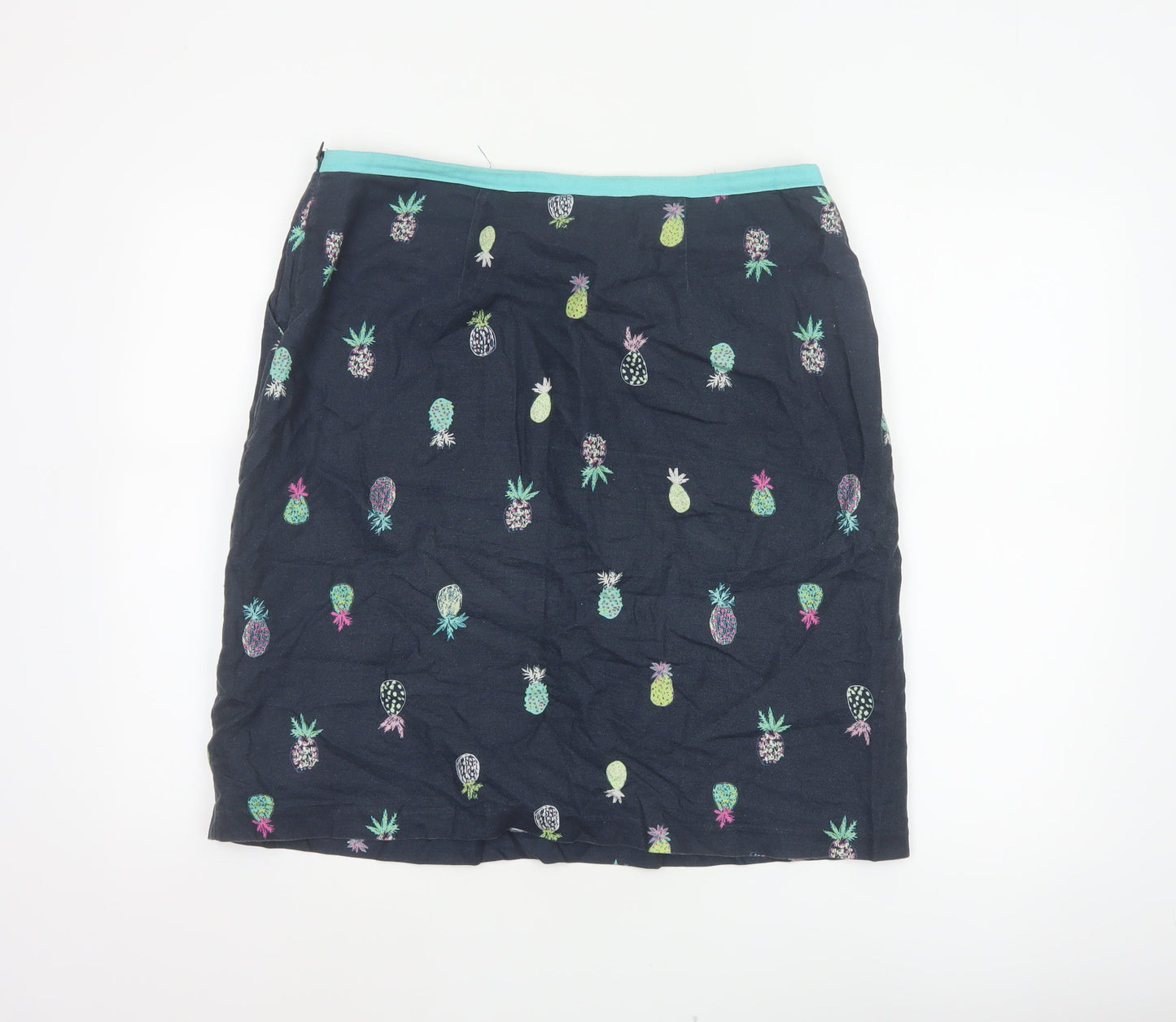 Laura Ashley Women Black Pineapple Print Linen Mini Straight Skirt UK 14
