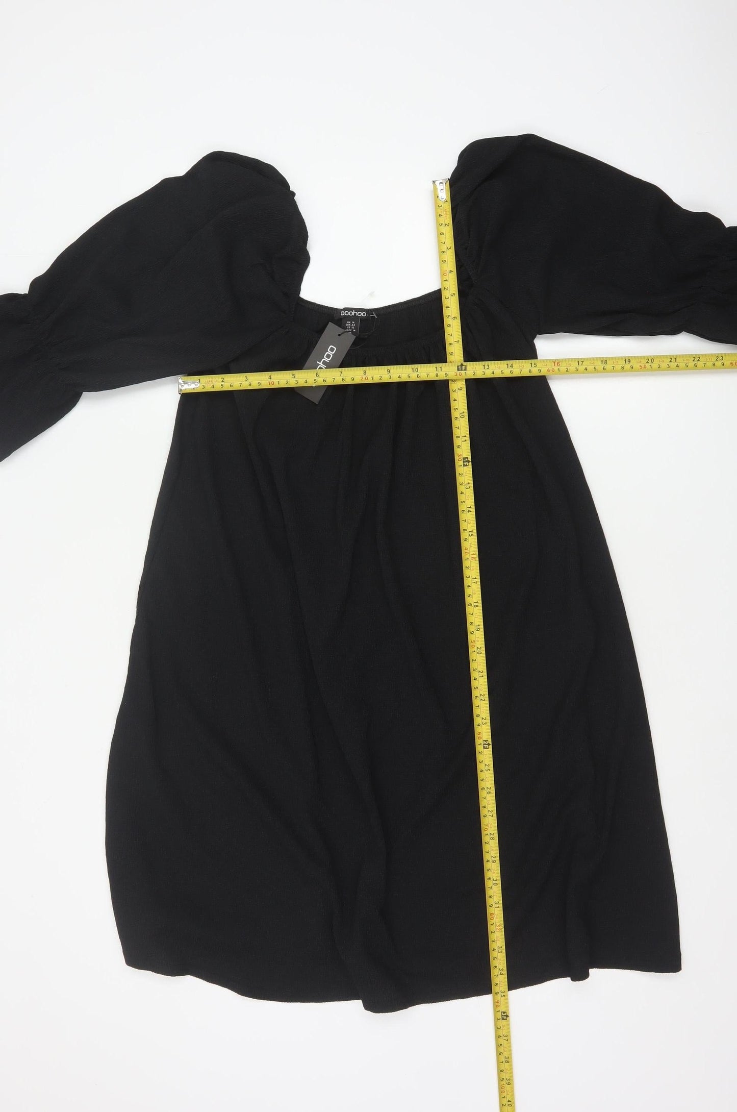 Boohoo Women Black UK 14 Fit & Flare Knee Dress Puff Sleeves