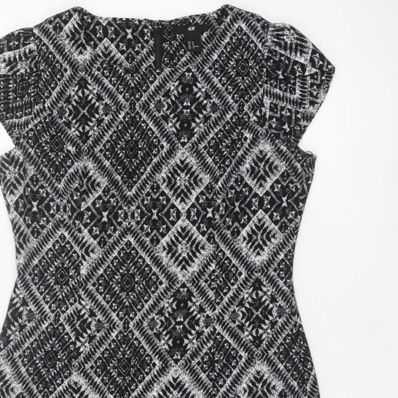 H&M Women’s Black Aztec Geometric Sheath Dress UK 12 Cap Sleeve