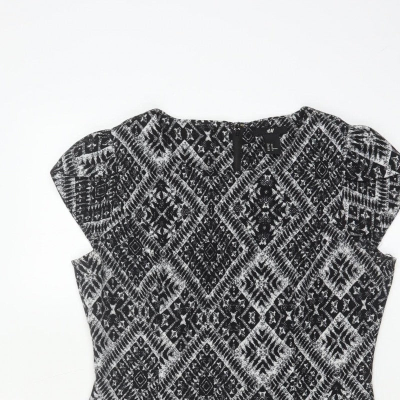 H&M Women’s Black Aztec Geometric Sheath Dress UK 12 Cap Sleeve