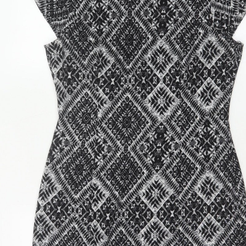 H&M Women’s Black Aztec Geometric Sheath Dress UK 12 Cap Sleeve