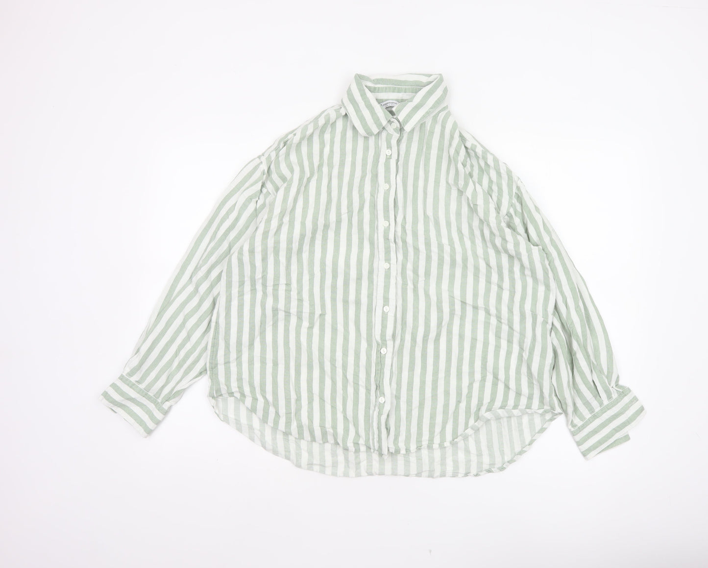 Stradivarius Women Green White Striped Linen Blend Button-Up Shirt L