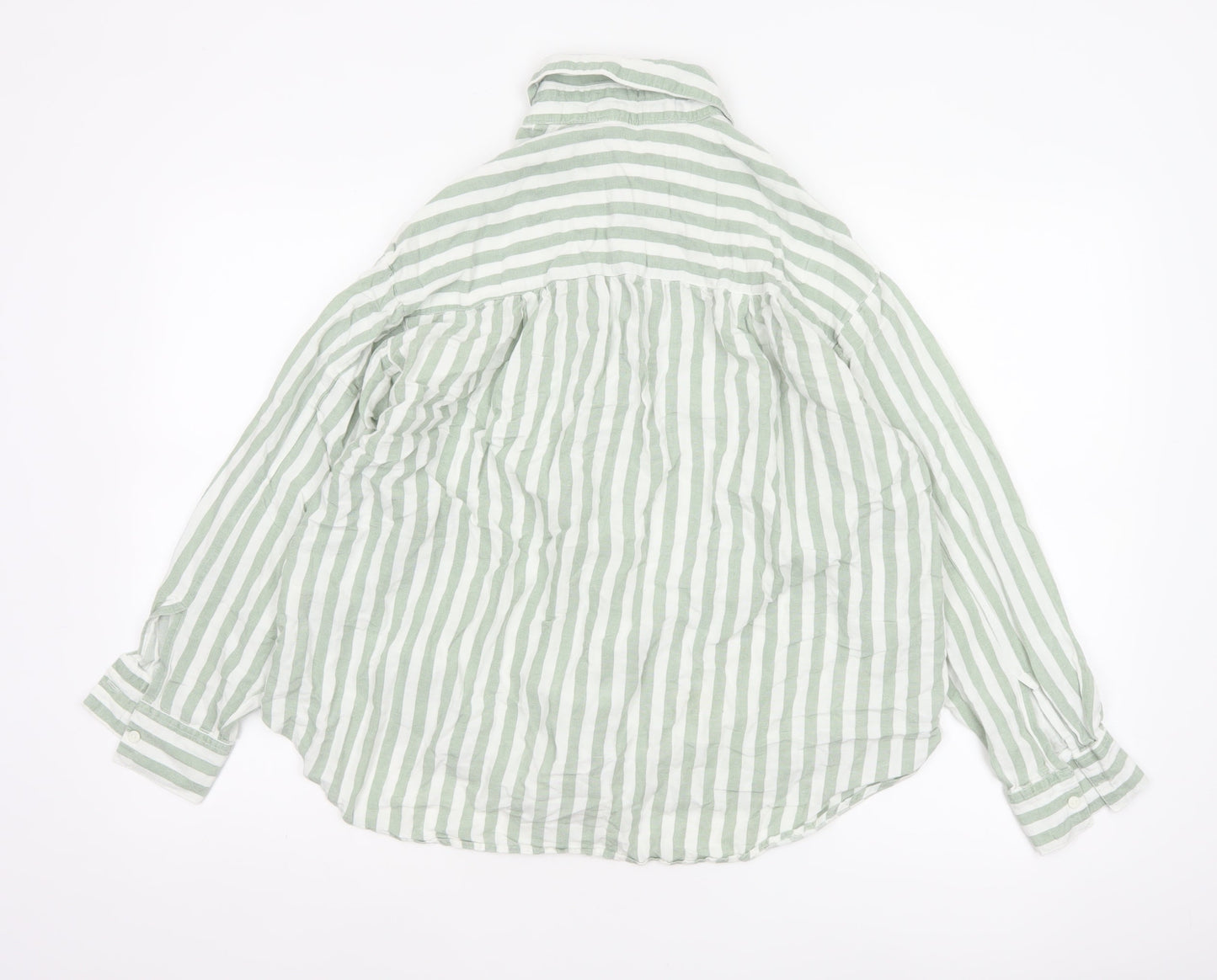 Stradivarius Women Green White Striped Linen Blend Button-Up Shirt L