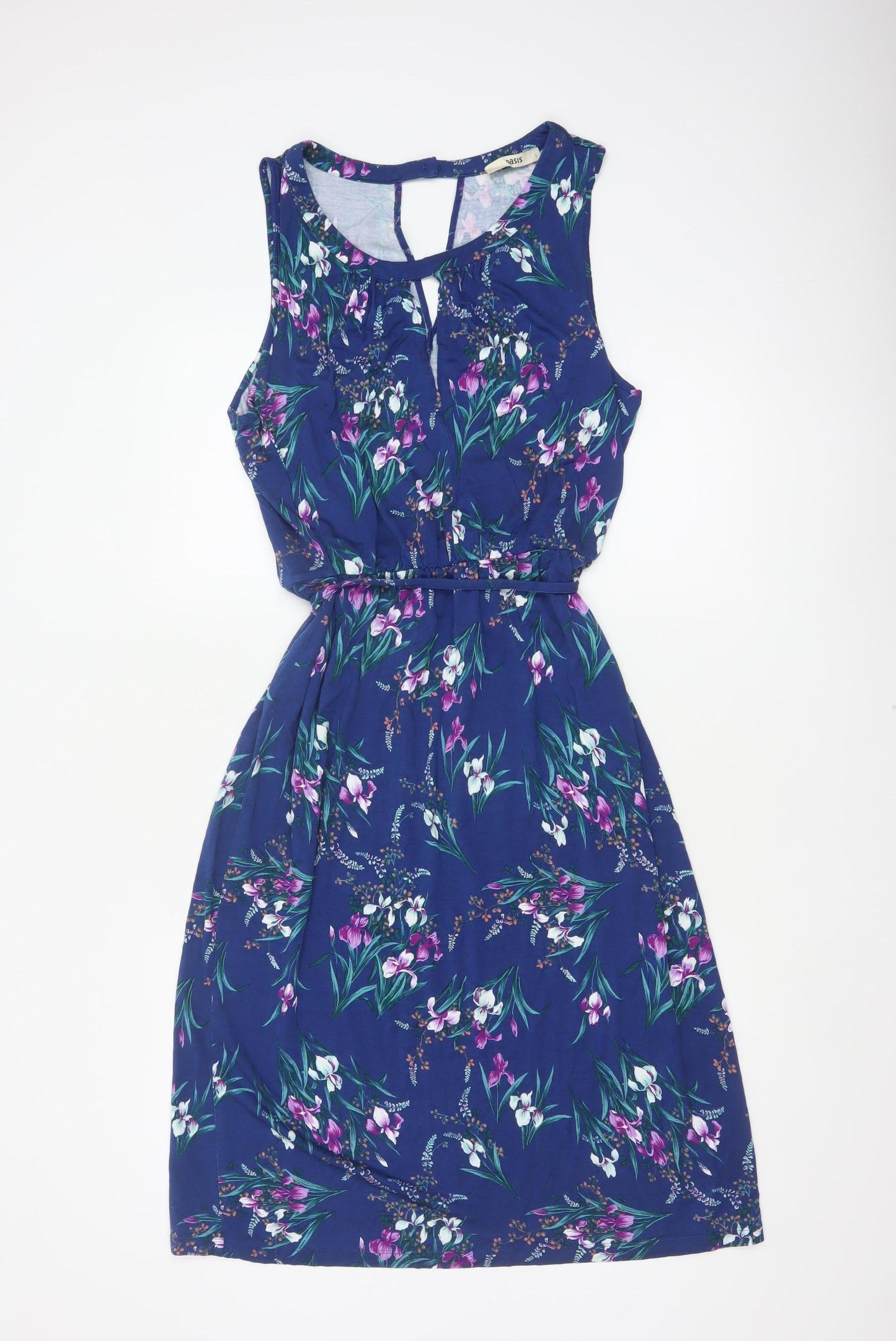 Oasis Women Blue Floral UK 14 Fit & Flare Knee Dress Belted