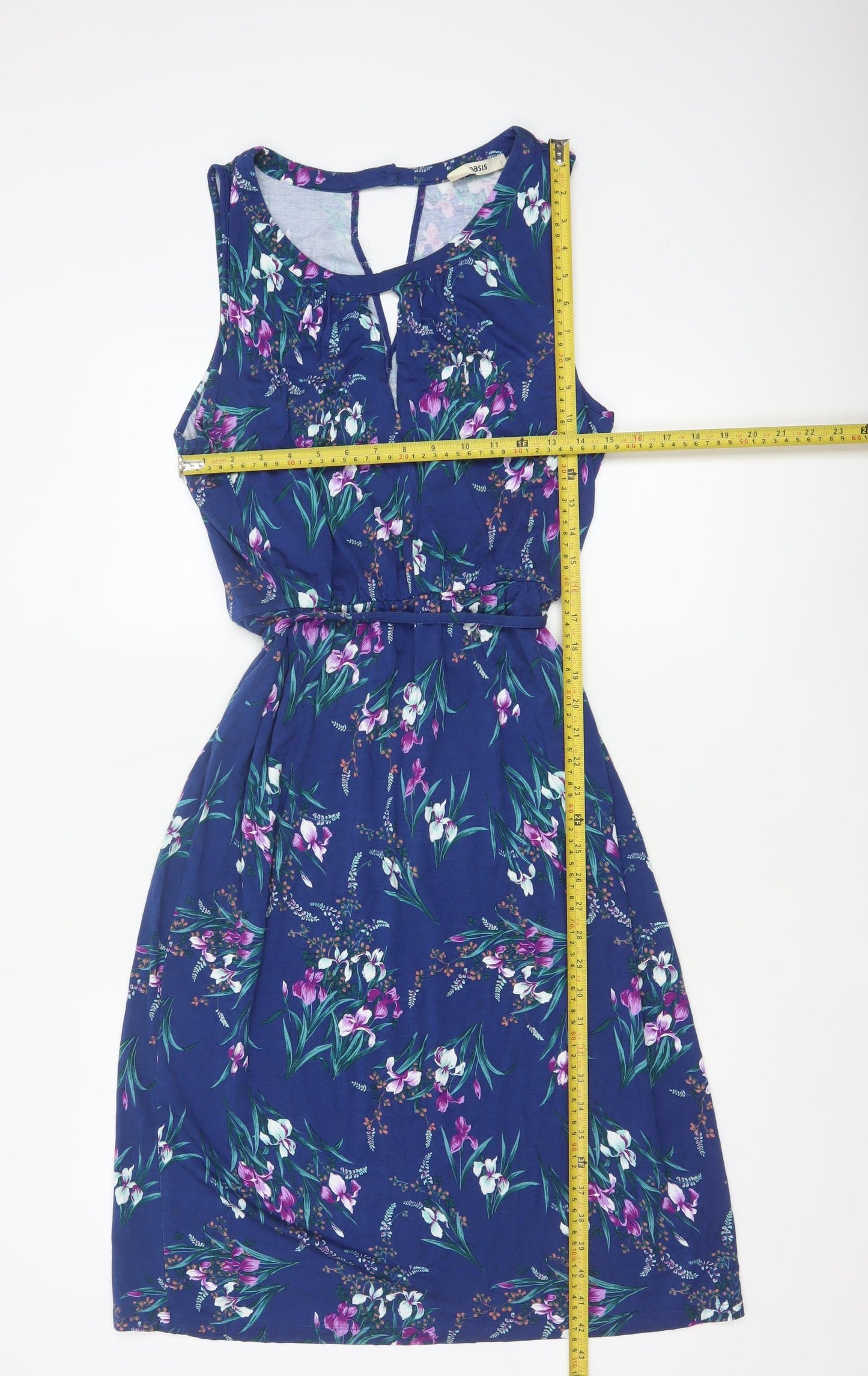 Oasis Women Blue Floral UK 14 Fit & Flare Knee Dress Belted