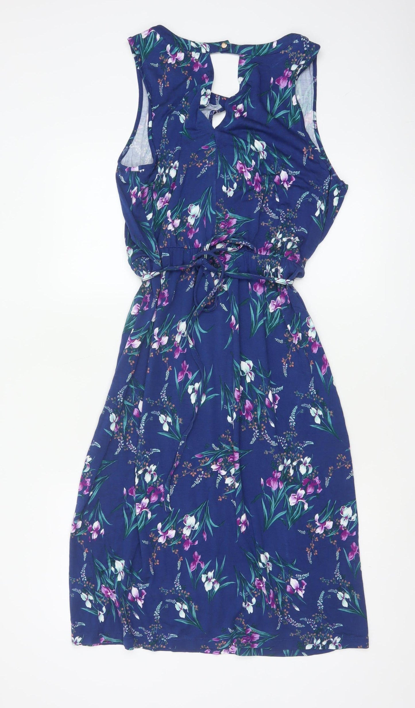 Oasis Women Blue Floral UK 14 Fit & Flare Knee Dress Belted