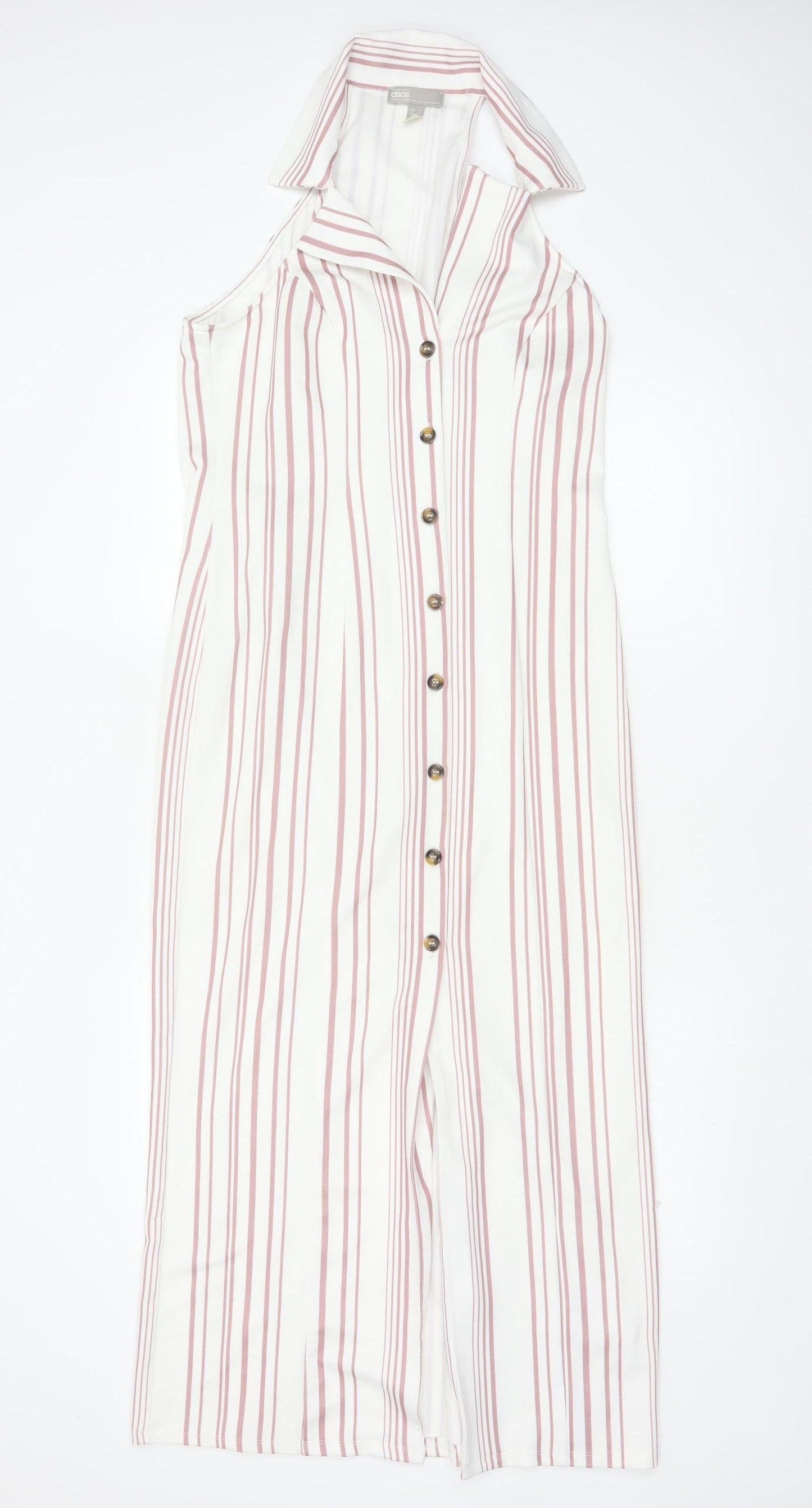 ASOS Women White Pink Striped UK 12 Maxi Sleeveless Shirt Dress