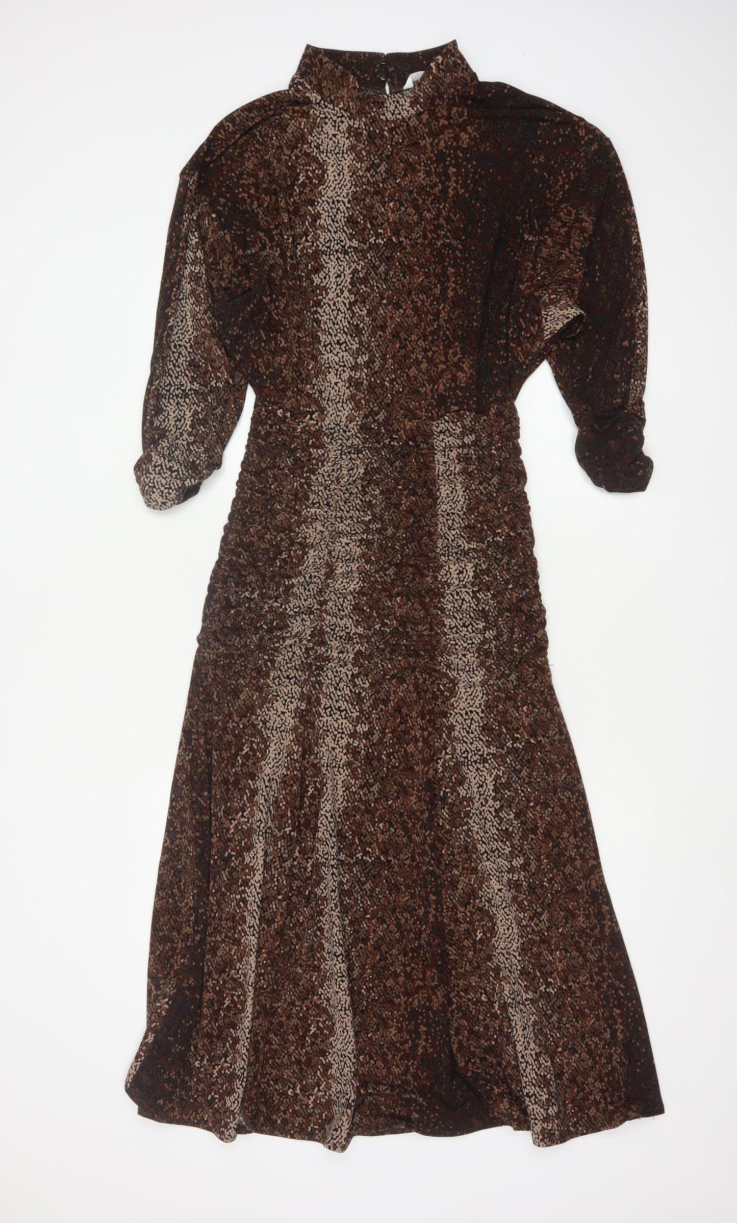H&M Women Brown Snake Print Fit & Flare High Neck Midi Dress UK S