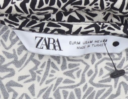 Zara Women Black White UK 12 Maxi Geometric V-Neck Long Sleeve Dress