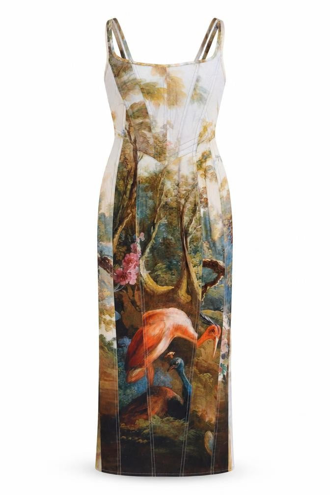 Bershka Women Multicoloured XS Bodycon Long Bird Print Dress