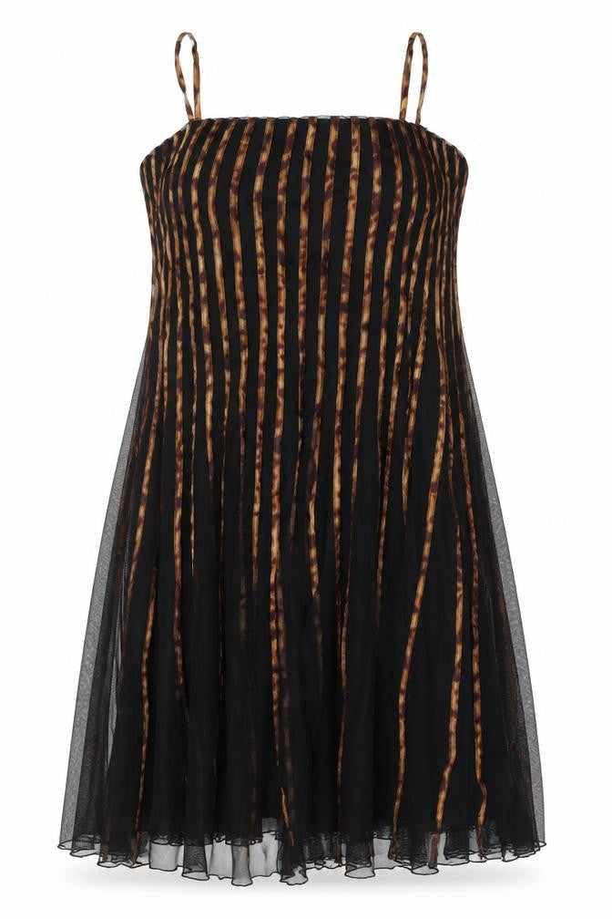 Front view of Roman Originals Women Black Brown Stripe Mesh A-Line Long Dress 2XL