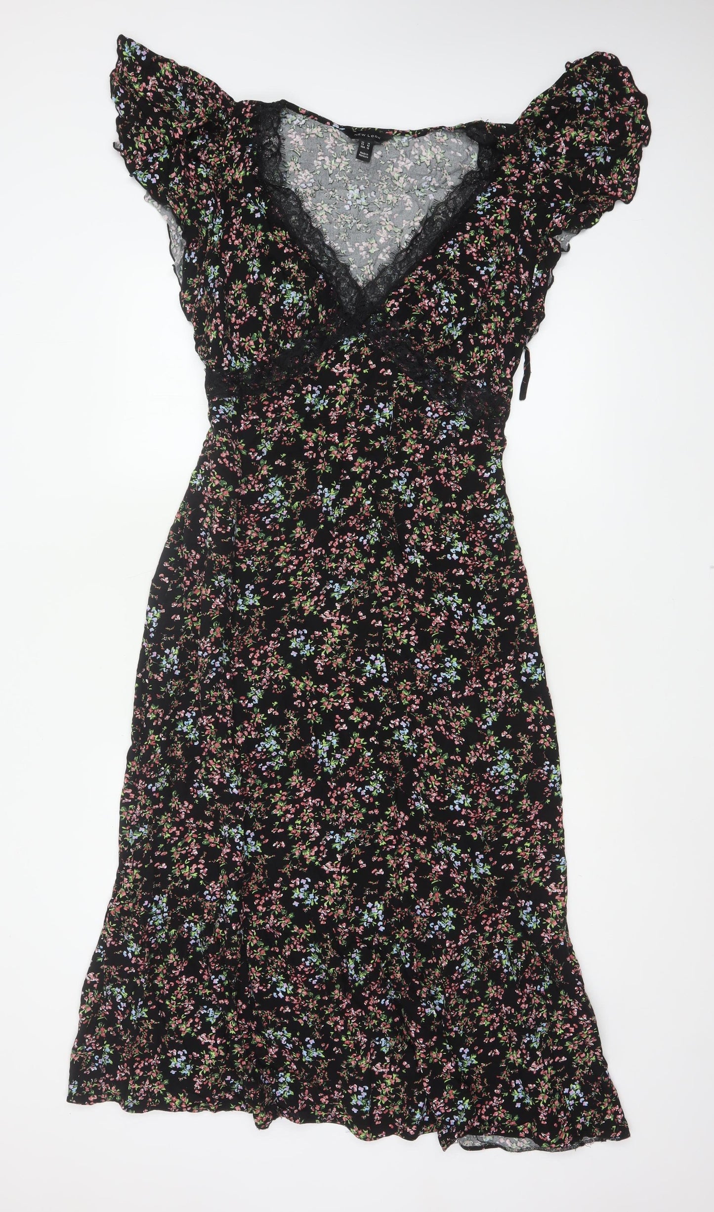 New Look Women Black Floral Lace Trim Maxi Dress UK 14 V-Neck