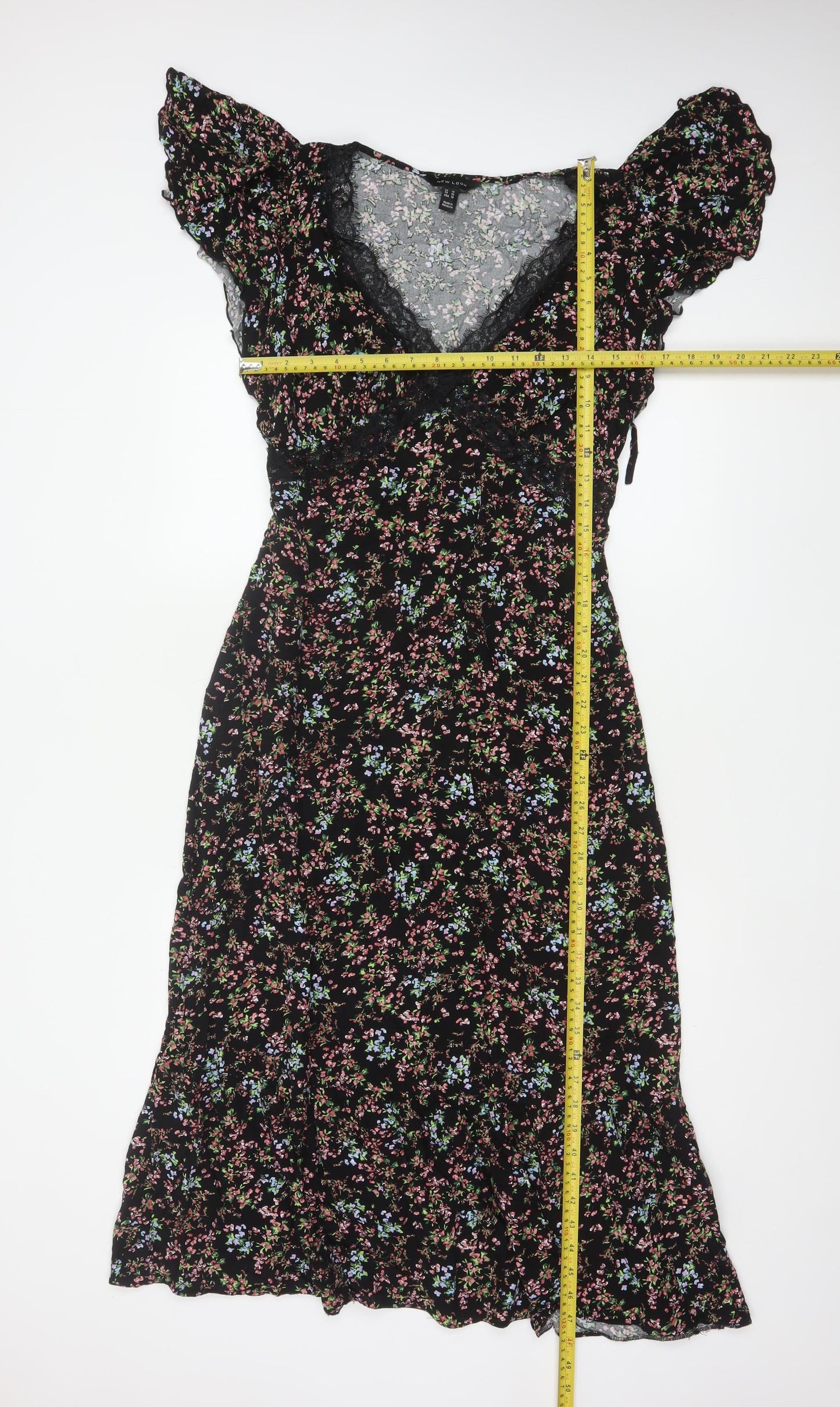 New Look Women Black Floral Lace Trim Maxi Dress UK 14 V-Neck