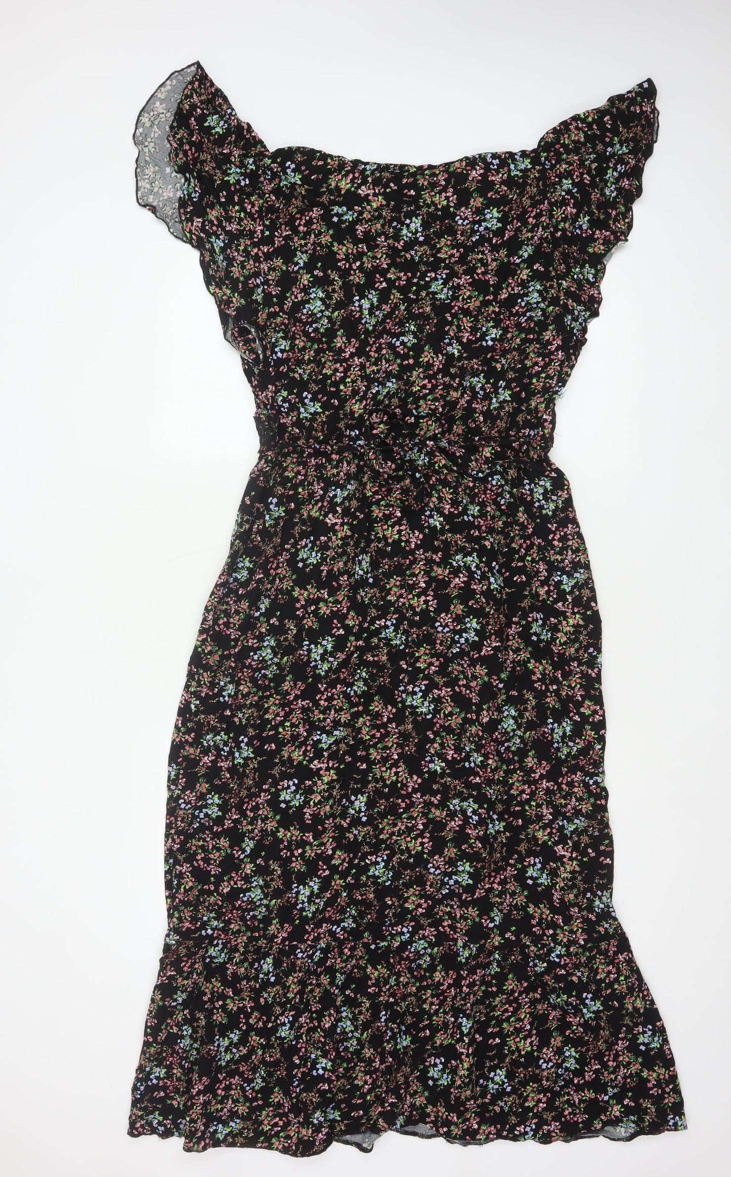 New Look Women Black Floral Lace Trim Maxi Dress UK 14 V-Neck