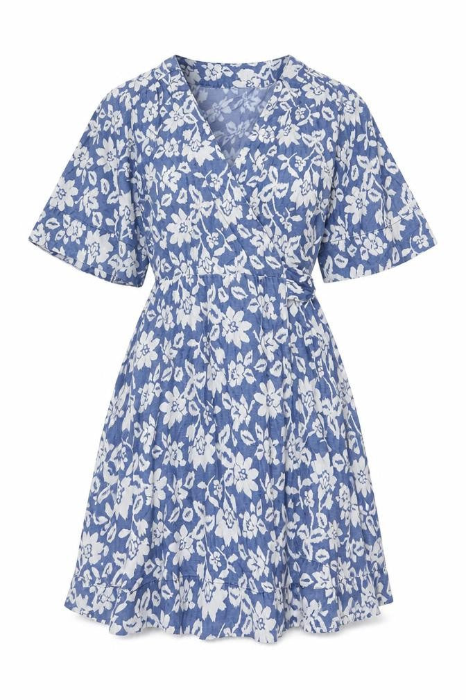 Sfera Denim Premium Women Blue Floral Wrap Dress XL Short Lyocell
