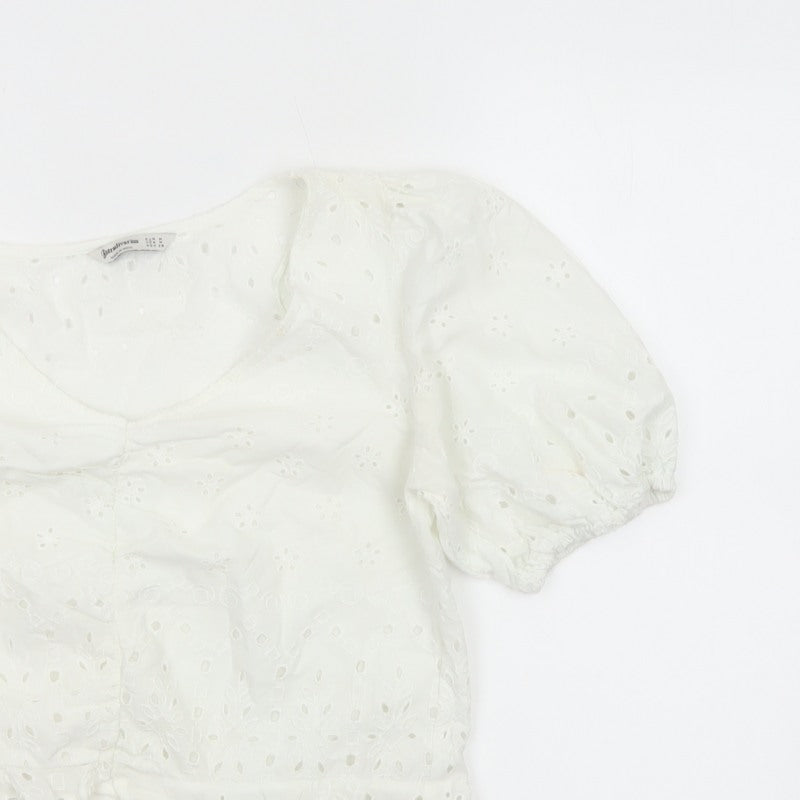 Stradivarius Women Ivory M Broderie Anglaise Puff Sleeve Ruffle Blouse