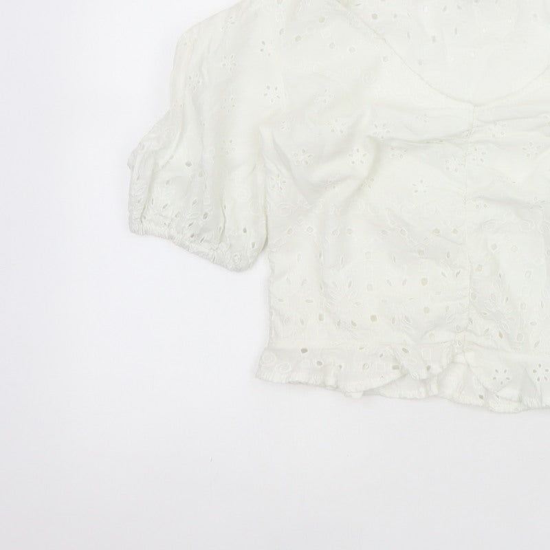 Stradivarius Women Ivory M Broderie Anglaise Puff Sleeve Ruffle Blouse