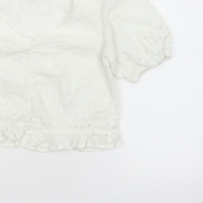 Stradivarius Women Ivory M Broderie Anglaise Puff Sleeve Ruffle Blouse