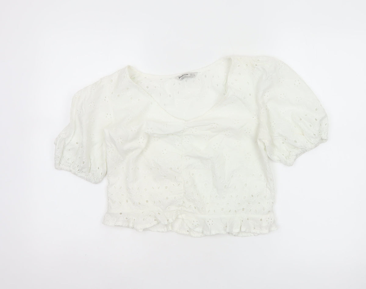 Stradivarius Women Ivory M Broderie Anglaise Puff Sleeve Ruffle Blouse