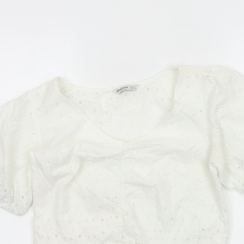 Stradivarius Women Ivory M Broderie Anglaise Puff Sleeve Ruffle Blouse