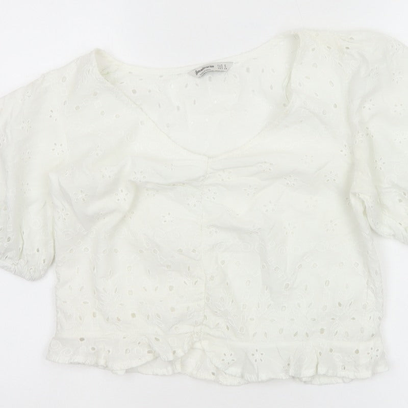 Stradivarius Women Ivory M Broderie Anglaise Puff Sleeve Ruffle Blouse