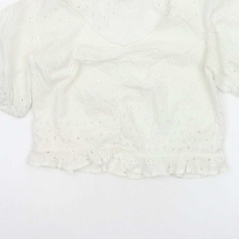 Stradivarius Women Ivory M Broderie Anglaise Puff Sleeve Ruffle Blouse