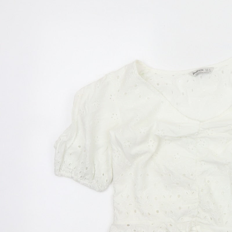 Stradivarius Women Ivory M Broderie Anglaise Puff Sleeve Ruffle Blouse