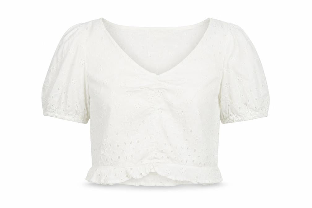 Stradivarius Women Ivory M Broderie Anglaise Puff Sleeve Ruffle Blouse