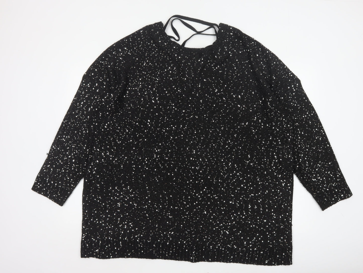 Yours Women’s Black Sequin Lace-Up Back 3/4 Sleeve Blouse UK 26-28