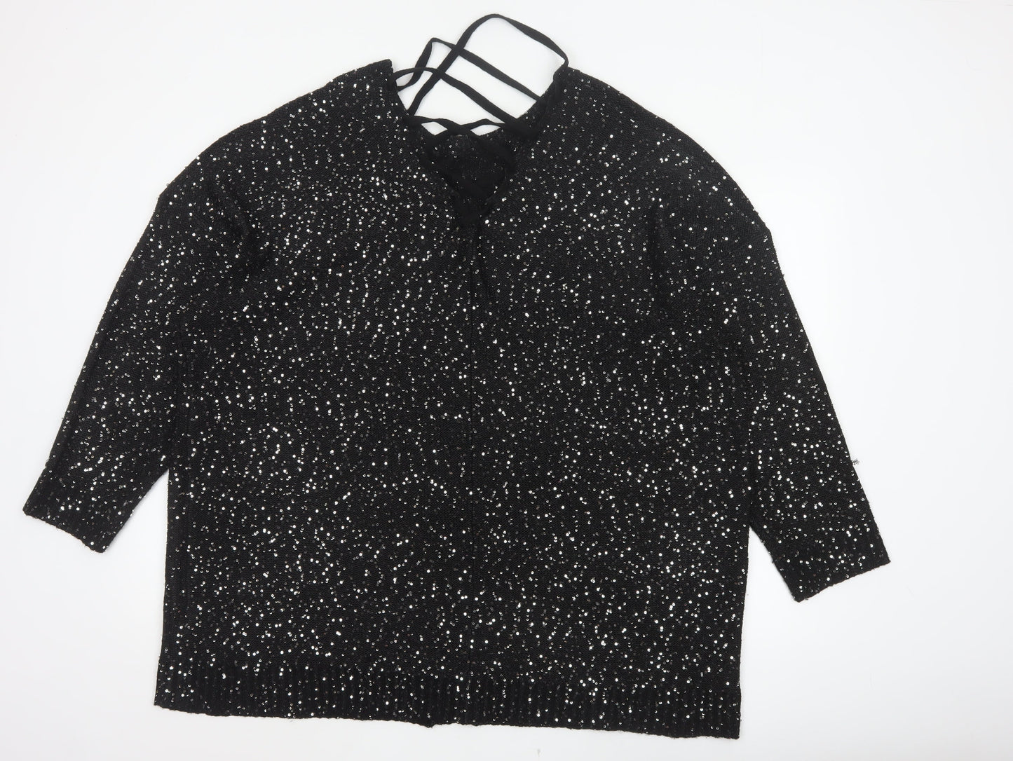 Yours Women’s Black Sequin Lace-Up Back 3/4 Sleeve Blouse UK 26-28