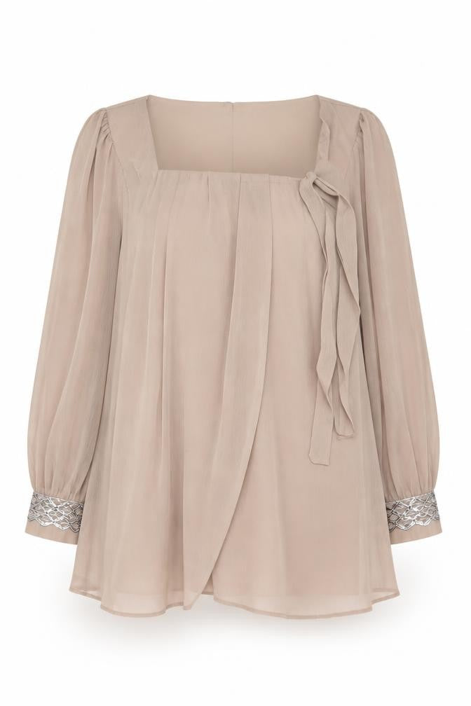 Grazia Women’s Beige UK 28 Sheer Beaded Cuff Tie Waist Blouse