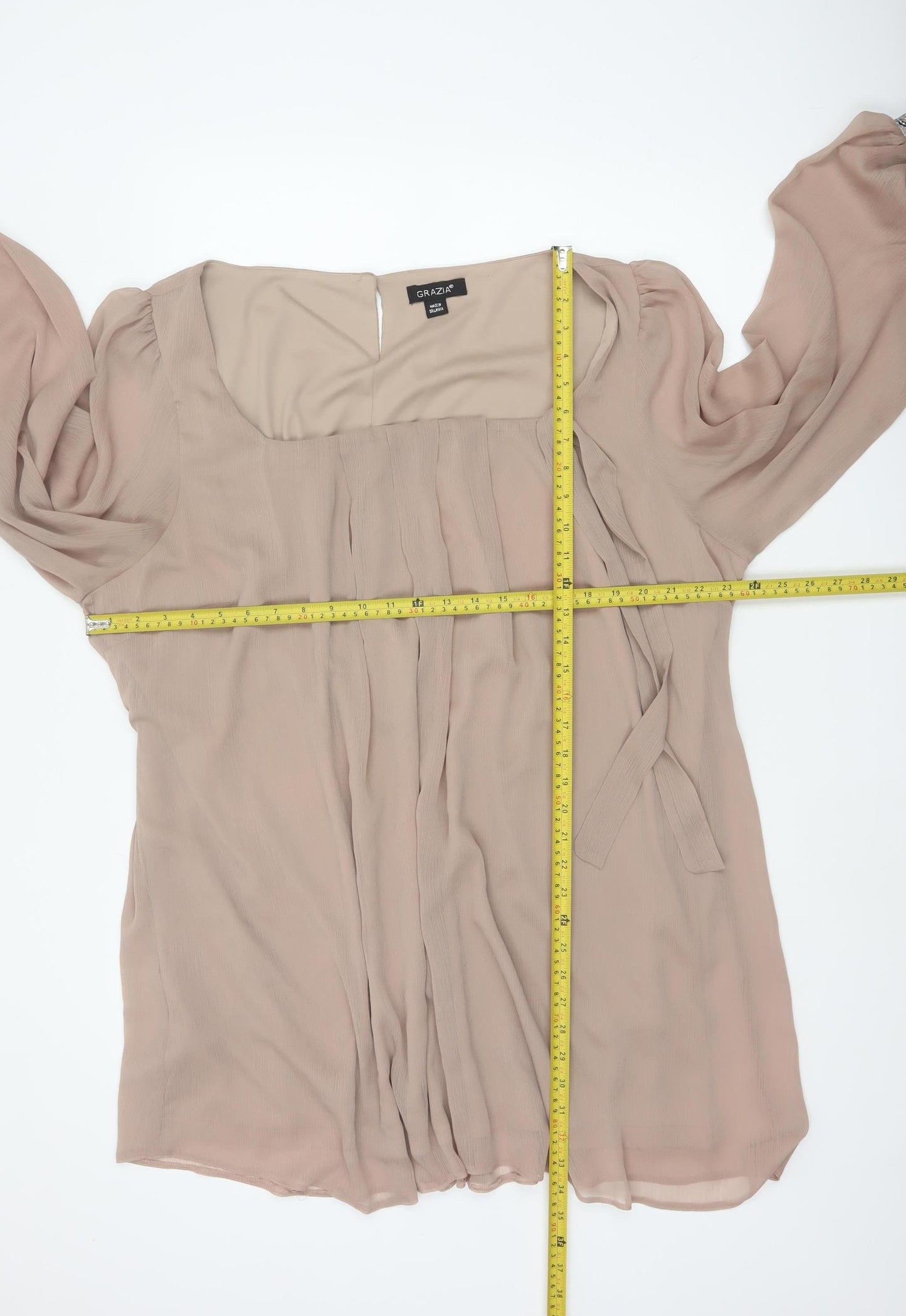 Grazia Women’s Beige UK 28 Sheer Beaded Cuff Tie Waist Blouse