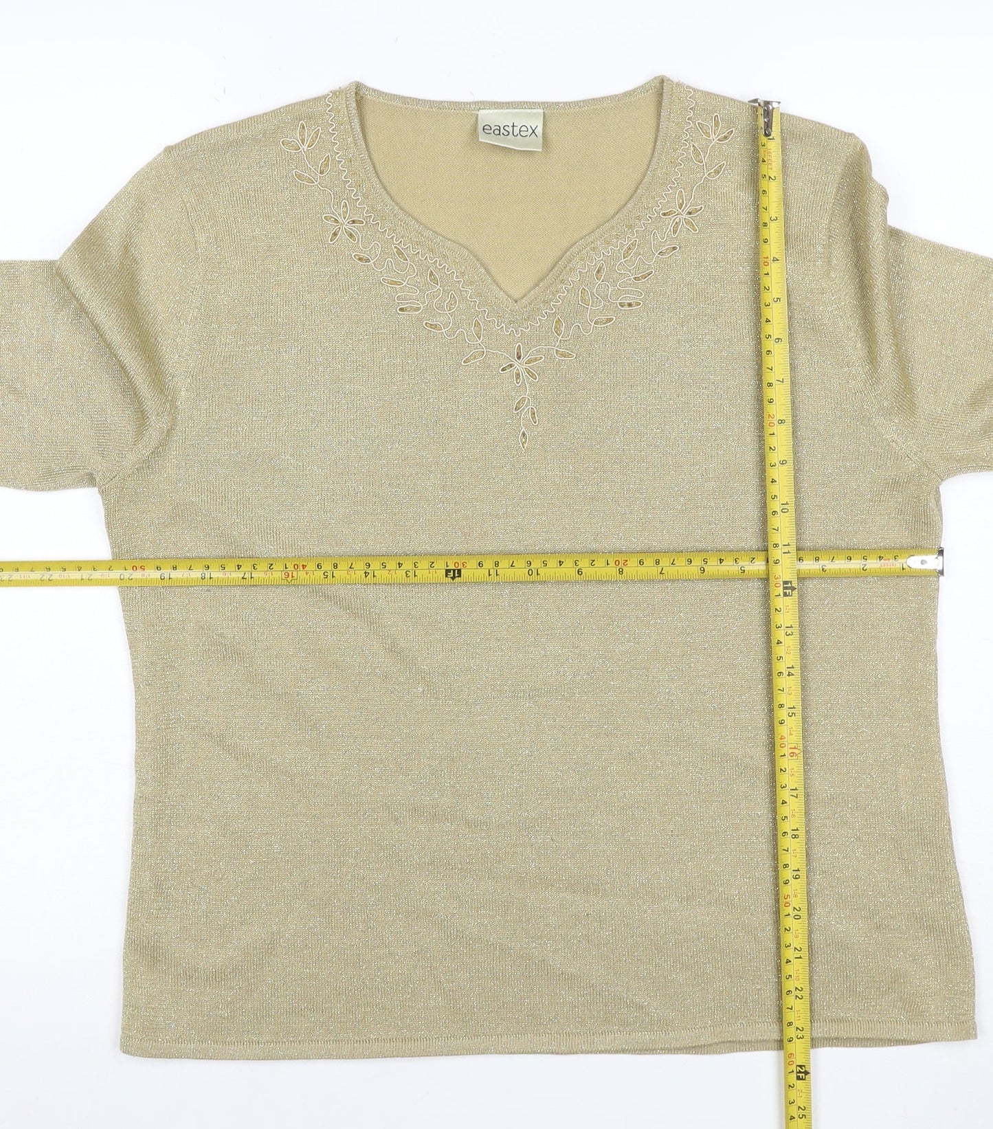 Eastex Women Gold Basic Embroidered V-Neck Knit Top UK 16/18