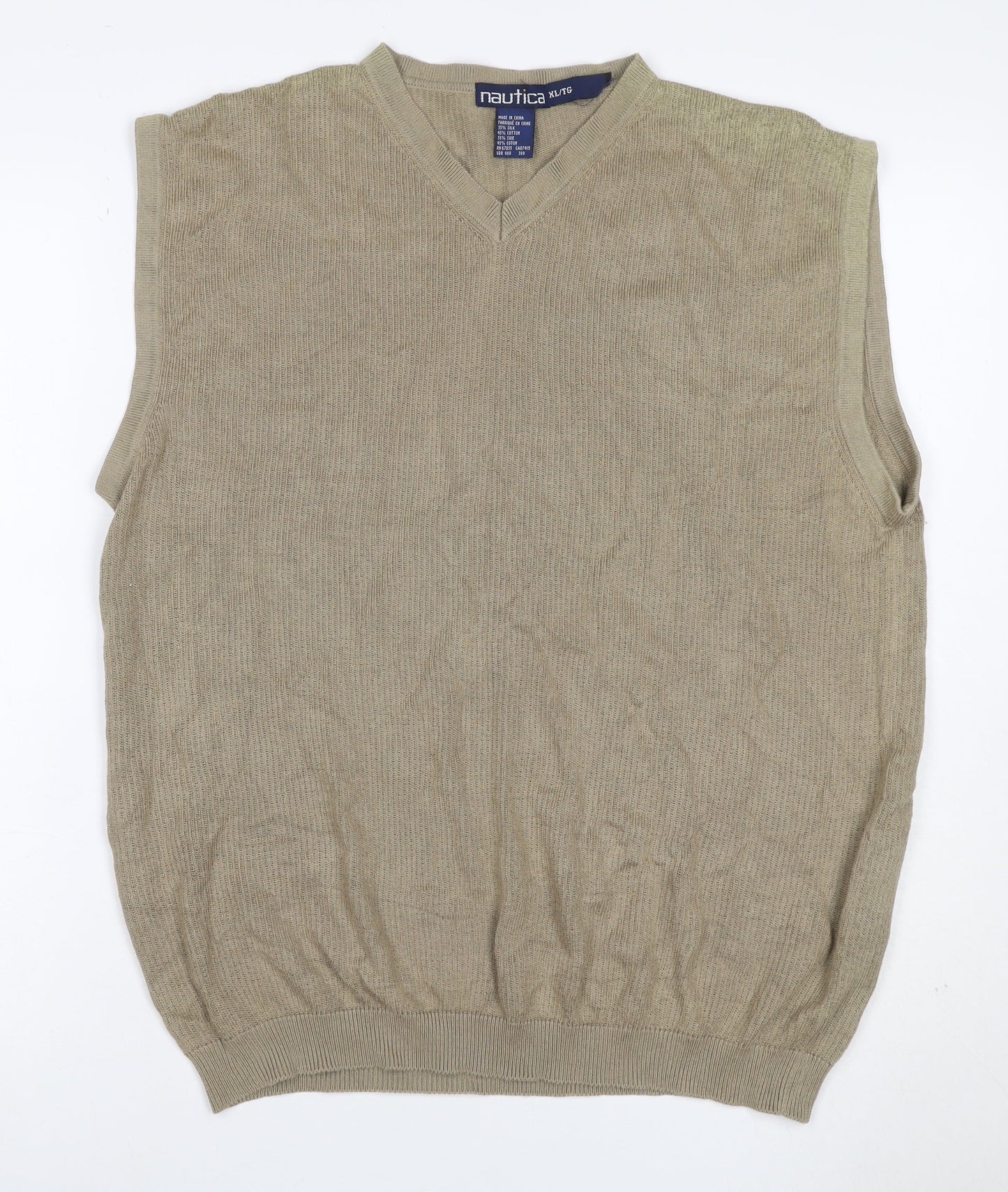 Nautica Men’s Beige XL Silk Cotton V-Neck Knit Jumper Vest