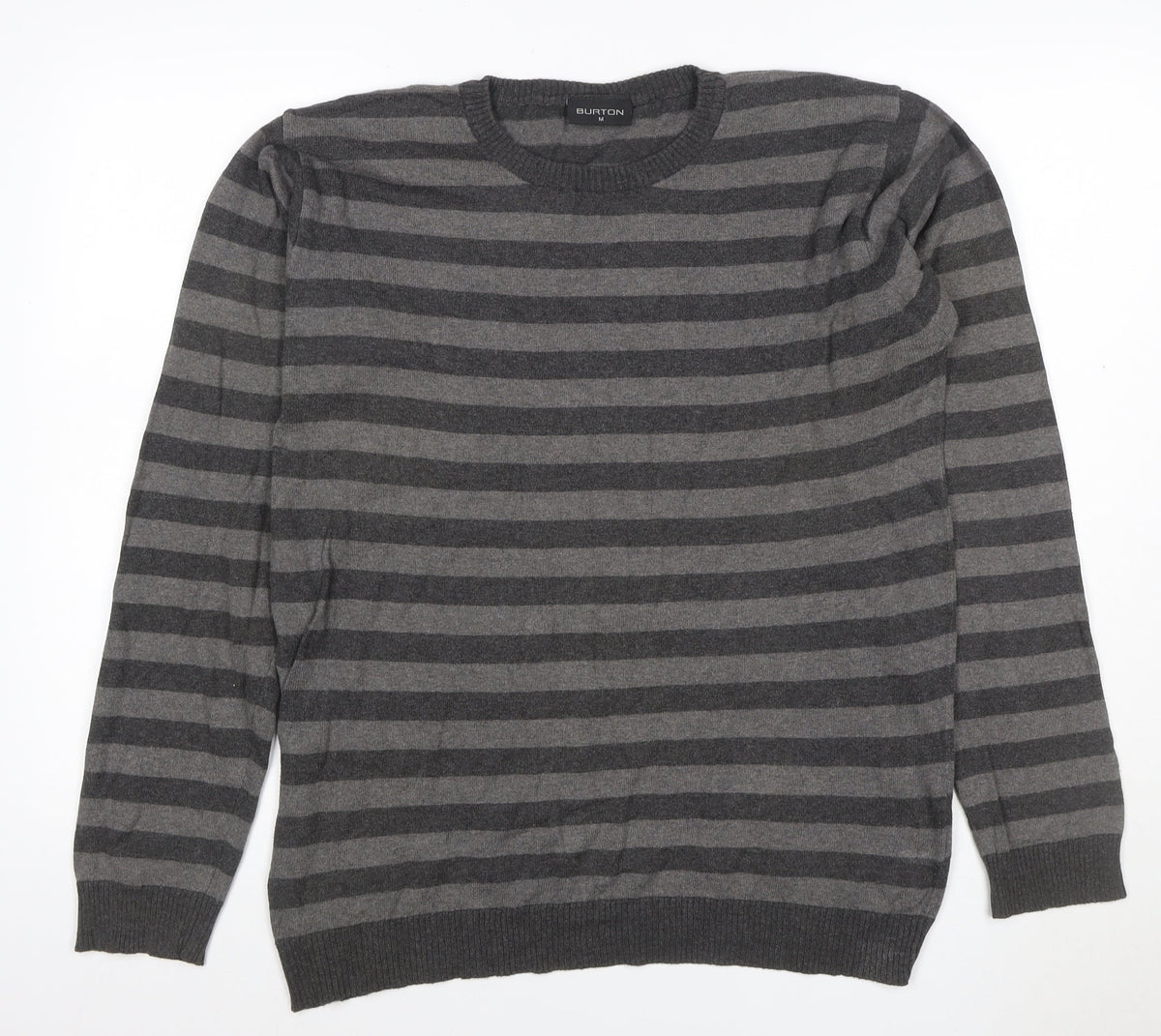 Back view of Burton Men’s Grey Striped Crew Neck Knit Jumper, size M