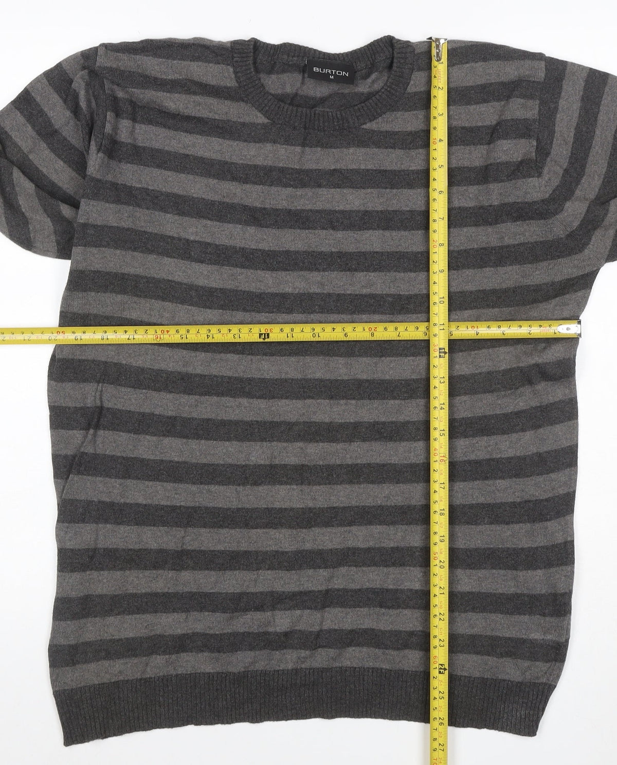 Brand and care label for Burton Men’s Grey Striped Crew Neck Knit Jumper, size M